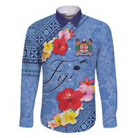 Bula Fiji Hibiscus and Plumeria Flowers Family Matching Mermaid Dress and Hawaiian Shirt Tapa Tattoo Polynesian Pattern LT03 Dad's Shirt - Long Sleeve Blue - Polynesian Pride