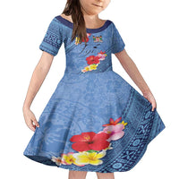 Bula Fiji Hibiscus and Plumeria Flowers Family Matching Tank Maxi Dress and Hawaiian Shirt Tapa Tattoo Polynesian Pattern LT03 Daughter's Dress Blue - Polynesian Pride