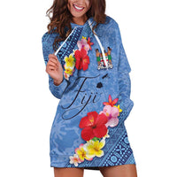 Bula Fiji Hibiscus and Plumeria Flowers Hoodie Dress Tapa Tattoo Polynesian Pattern LT03 Blue - Polynesian Pride