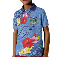 Bula Fiji Hibiscus and Plumeria Flowers Kid Polo Shirt Tapa Tattoo Polynesian Pattern LT03 Kid Blue - Polynesian Pride