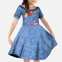 Bula Fiji Hibiscus and Plumeria Flowers Kid Short Sleeve Dress Tapa Tattoo Polynesian Pattern LT03 KID Blue - Polynesian Pride