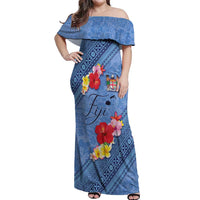 Bula Fiji Hibiscus and Plumeria Flowers Off Shoulder Maxi Dress Tapa Tattoo Polynesian Pattern LT03 Women Blue - Polynesian Pride