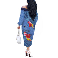 Bula Fiji Hibiscus and Plumeria Flowers Off The Shoulder Long Sleeve Dress Tapa Tattoo Polynesian Pattern LT03 - Polynesian Pride