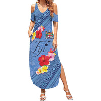 Bula Fiji Hibiscus and Plumeria Flowers Summer Maxi Dress Tapa Tattoo Polynesian Pattern LT03 Women Blue - Polynesian Pride