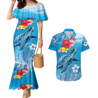 Hawaii Sea Turtle and Tropical Flowers Couples Matching Mermaid Dress and Hawaiian Shirt Polynesian Tattoo Undersea Vibe LT03 Blue - Polynesian Pride