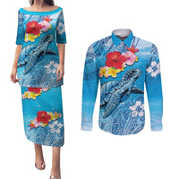 Hawaii Sea Turtle and Tropical Flowers Couples Matching Puletasi and Long Sleeve Button Shirt Polynesian Tattoo Undersea Vibe LT03 Blue - Polynesian Pride