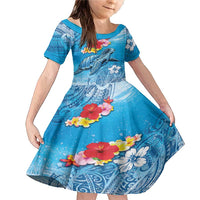 Hawaii Sea Turtle and Tropical Flowers Family Matching Mermaid Dress and Hawaiian Shirt Polynesian Tattoo Undersea Vibe LT03 Daughter's Dress Blue - Polynesian Pride