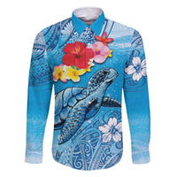 Hawaii Sea Turtle and Tropical Flowers Family Matching Mermaid Dress and Hawaiian Shirt Polynesian Tattoo Undersea Vibe LT03 Dad's Shirt - Long Sleeve Blue - Polynesian Pride