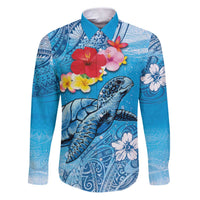Hawaii Sea Turtle and Tropical Flowers Family Matching Puletasi and Hawaiian Shirt Polynesian Tattoo Undersea Vibe LT03 Dad's Shirt - Long Sleeve Blue - Polynesian Pride