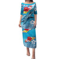 Hawaii Sea Turtle and Tropical Flowers Family Matching Puletasi and Hawaiian Shirt Polynesian Tattoo Undersea Vibe LT03 Mom's Dress Blue - Polynesian Pride