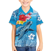 Hawaii Sea Turtle and Tropical Flowers Kid Hawaiian Shirt Polynesian Tattoo Undersea Vibe LT03 Kid Blue - Polynesian Pride