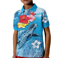 Hawaii Sea Turtle and Tropical Flowers Kid Polo Shirt - Polynesian Tattoo Undersea Vibe LT03 Kid Blue - Polynesian Pride