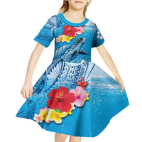 Hawaii Sea Turtle and Tropical Flowers Kid Short Sleeve Dress Polynesian Tattoo Undersea Vibe LT03 - Polynesian Pride