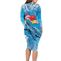 Hawaii Sea Turtle and Tropical Flowers Long Sleeve Bodycon Dress Polynesian Tattoo Undersea Vibe LT03 - Polynesian Pride