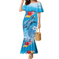 Hawaii Sea Turtle and Tropical Flowers Mermaid Dress Polynesian Tattoo Undersea Vibe LT03 Women Blue - Polynesian Pride