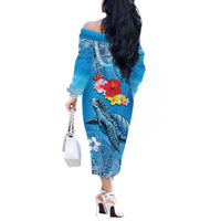 Hawaii Sea Turtle and Tropical Flowers Off The Shoulder Long Sleeve Dress Polynesian Tattoo Undersea Vibe LT03 - Polynesian Pride