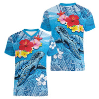 Hawaii Sea Turtle and Tropical Flowers Women V-Neck T-Shirt Polynesian Tattoo Undersea Vibe LT03 - Polynesian Pride