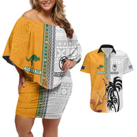 Custom Fiji and Australia Rugby Couples Matching Off Shoulder Short Dress and Hawaiian Shirt Aboriginal and Fijian Masi Pattern LT03 White - Polynesian Pride
