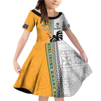 Custom Fiji and Australia Rugby Family Matching Off Shoulder Short Dress and Hawaiian Shirt Aboriginal and Fijian Masi Pattern LT03 Daughter's Dress White - Polynesian Pride
