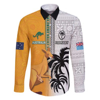 Custom Fiji and Australia Rugby Family Matching Off Shoulder Short Dress and Hawaiian Shirt Aboriginal and Fijian Masi Pattern LT03 Dad's Shirt - Long Sleeve White - Polynesian Pride