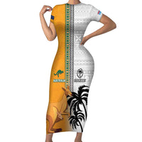 Custom Fiji and Australia Rugby Short Sleeve Bodycon Dress Aboriginal and Fijian Masi Pattern LT03 Long Dress White - Polynesian Pride