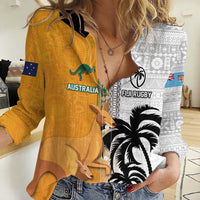 Custom Fiji and Australia Rugby Women Casual Shirt Aboriginal and Fijian Masi Pattern LT03 Female White - Polynesian Pride