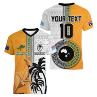 Custom Fiji and Australia Rugby Women V-Neck T-Shirt Aboriginal and Fijian Masi Pattern LT03 - Polynesian Pride