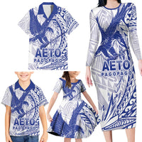 American Samoa Pago Pago Aeto Family Matching Long Sleeve Bodycon Dress and Hawaiian Shirt Wingstyle Blue-White Color LT03 - Polynesian Pride