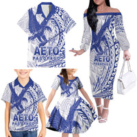 American Samoa Pago Pago Aeto Family Matching Off The Shoulder Long Sleeve Dress and Hawaiian Shirt Wingstyle Blue-White Color LT03 - Polynesian Pride