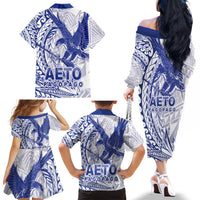 American Samoa Pago Pago Aeto Family Matching Off The Shoulder Long Sleeve Dress and Hawaiian Shirt Wingstyle Blue-White Color LT03 - Polynesian Pride