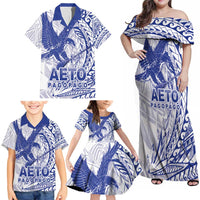 American Samoa Pago Pago Aeto Family Matching Off Shoulder Maxi Dress and Hawaiian Shirt Wingstyle Blue-White Color LT03 - Polynesian Pride