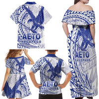 American Samoa Pago Pago Aeto Family Matching Off Shoulder Maxi Dress and Hawaiian Shirt Wingstyle Blue-White Color LT03 - Polynesian Pride