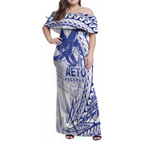American Samoa Pago Pago Aeto Family Matching Off Shoulder Maxi Dress and Hawaiian Shirt Wingstyle Blue-White Color LT03 Mom's Dress White - Polynesian Pride