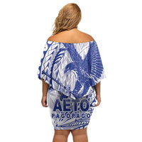 American Samoa Pago Pago Aeto Family Matching Off Shoulder Short Dress and Hawaiian Shirt Wingstyle Blue-White Color LT03 - Polynesian Pride