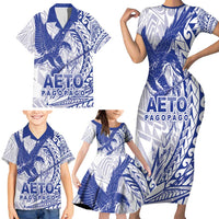 American Samoa Pago Pago Aeto Family Matching Short Sleeve Bodycon Dress and Hawaiian Shirt Wingstyle Blue-White Color LT03 - Polynesian Pride