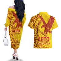 American Samoa Pago Pago Aeto Couples Matching Off The Shoulder Long Sleeve Dress and Hawaiian Shirt Wingstyle Red-Gold Color LT03 - Polynesian Pride