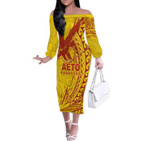 American Samoa Pago Pago Aeto Family Matching Off The Shoulder Long Sleeve Dress and Hawaiian Shirt Wingstyle Red-Gold Color LT03 Mom's Dress Yellow - Polynesian Pride