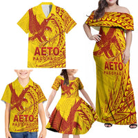 American Samoa Pago Pago Aeto Family Matching Off Shoulder Maxi Dress and Hawaiian Shirt Wingstyle Red-Gold Color LT03 - Polynesian Pride