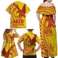 American Samoa Pago Pago Aeto Family Matching Off Shoulder Maxi Dress and Hawaiian Shirt Wingstyle Red-Gold Color LT03 - Polynesian Pride