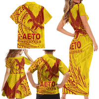 American Samoa Pago Pago Aeto Family Matching Short Sleeve Bodycon Dress and Hawaiian Shirt Wingstyle Red-Gold Color LT03 - Polynesian Pride
