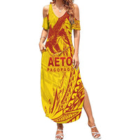 American Samoa Pago Pago Aeto Family Matching Summer Maxi Dress and Hawaiian Shirt Wingstyle Red-Gold Color LT03 Mom's Dress Yellow - Polynesian Pride