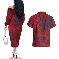 American Samoa Pago Pago Aeto Couples Matching Off The Shoulder Long Sleeve Dress and Hawaiian Shirt Wingstyle Red-Blue Color LT03 - Polynesian Pride