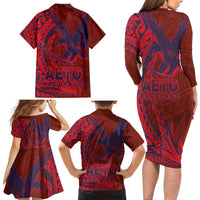 American Samoa Pago Pago Aeto Family Matching Long Sleeve Bodycon Dress and Hawaiian Shirt Wingstyle Red-Blue Color LT03 - Polynesian Pride