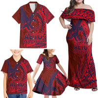 American Samoa Pago Pago Aeto Family Matching Off Shoulder Maxi Dress and Hawaiian Shirt Wingstyle Red-Blue Color LT03 - Polynesian Pride