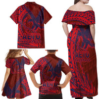 American Samoa Pago Pago Aeto Family Matching Off Shoulder Maxi Dress and Hawaiian Shirt Wingstyle Red-Blue Color LT03 - Polynesian Pride