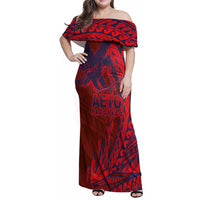 American Samoa Pago Pago Aeto Family Matching Off Shoulder Maxi Dress and Hawaiian Shirt Wingstyle Red-Blue Color LT03 Mom's Dress Red - Polynesian Pride