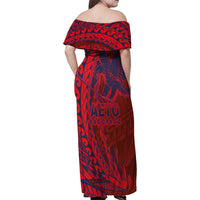 American Samoa Pago Pago Aeto Family Matching Off Shoulder Maxi Dress and Hawaiian Shirt Wingstyle Red-Blue Color LT03 - Polynesian Pride