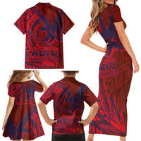 American Samoa Pago Pago Aeto Family Matching Short Sleeve Bodycon Dress and Hawaiian Shirt Wingstyle Red-Blue Color LT03 - Polynesian Pride