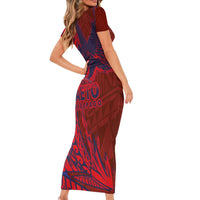 American Samoa Pago Pago Aeto Family Matching Short Sleeve Bodycon Dress and Hawaiian Shirt Wingstyle Red-Blue Color LT03 - Polynesian Pride