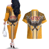American Samoa Pago Pago Aeto Couples Matching Off The Shoulder Long Sleeve Dress and Hawaiian Shirt Bald Eagle with Polynesian Art Tattoos LT03 - Polynesian Pride